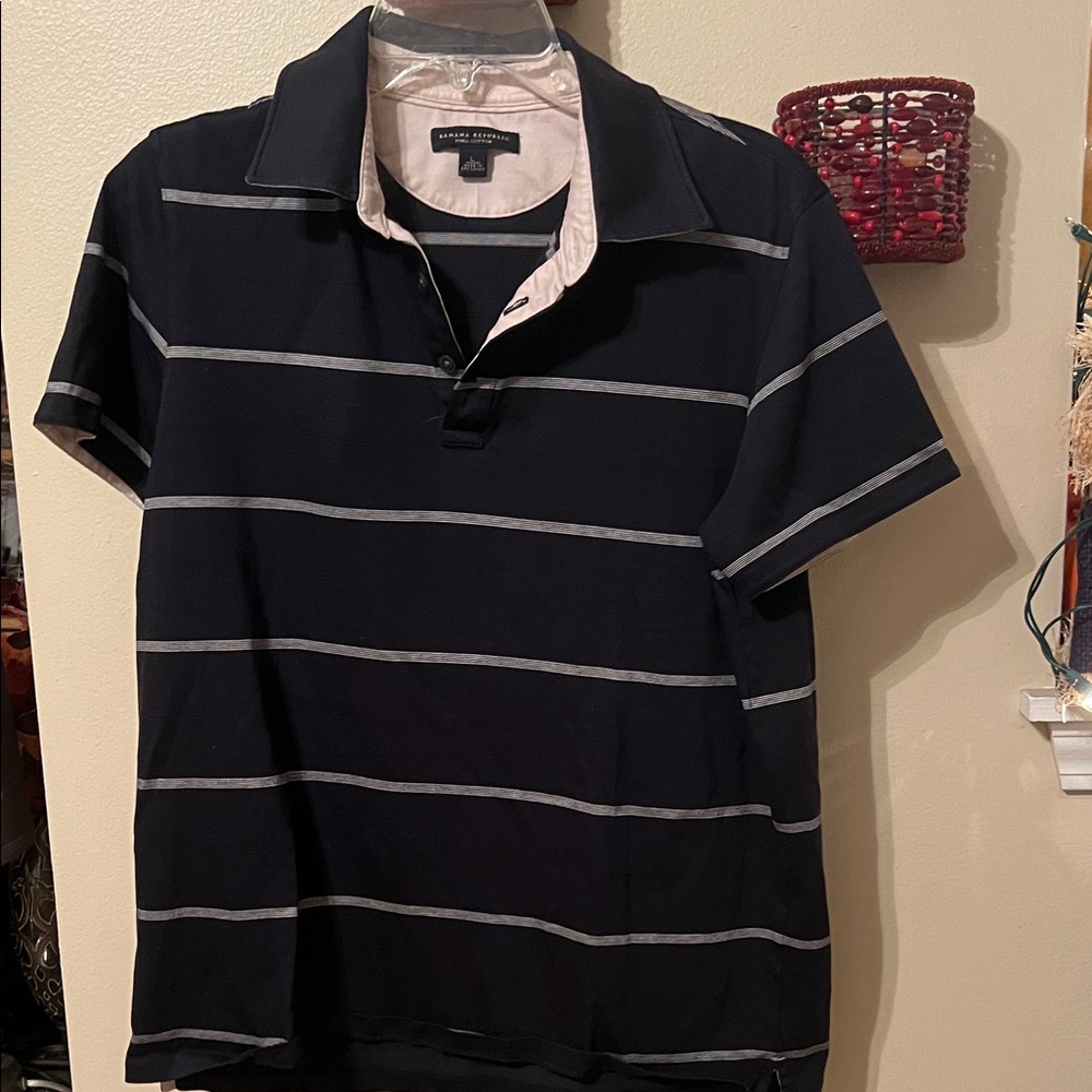 Black and Cream shire sleeve Striped Polo Shirt  size L